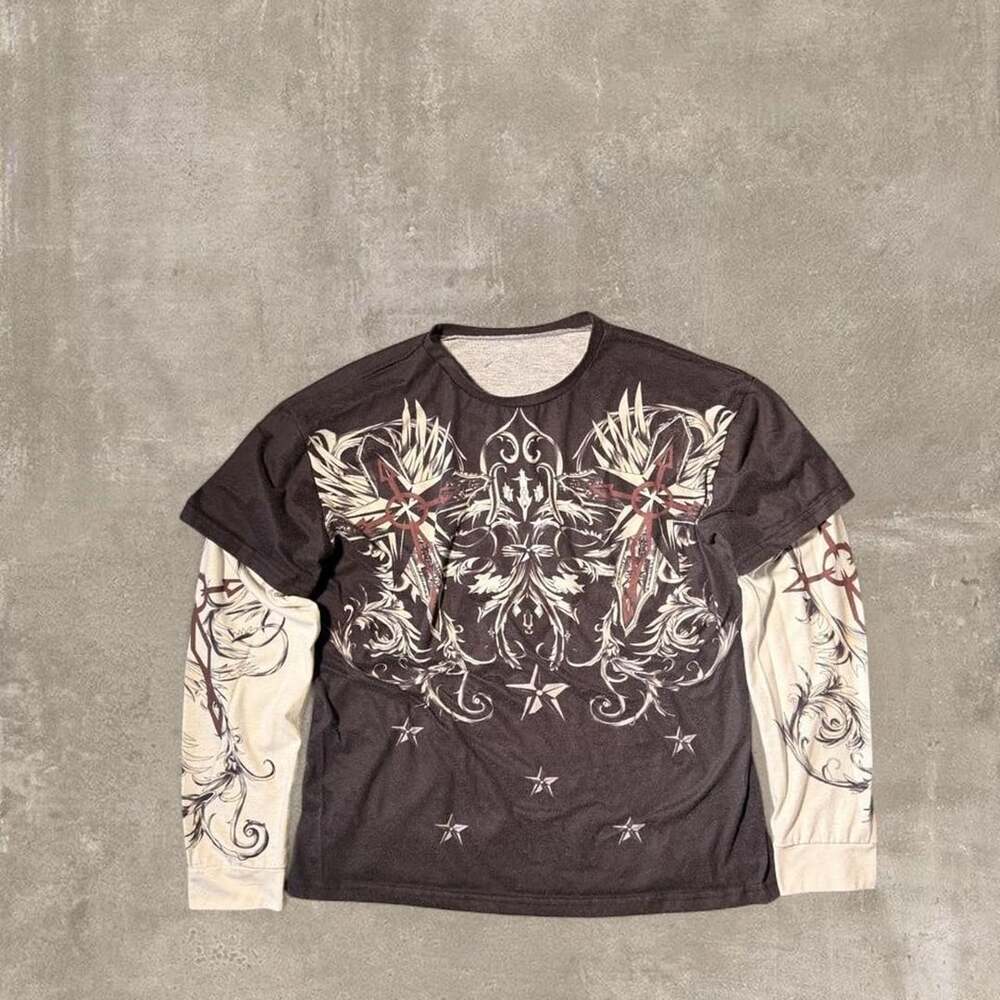 Y2K Gothic Tattoo Graphic Layered Long Sleeve Shirt Black Cream